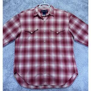 Vintage Polo Ralph Lauren RL Western Pearl Snap Plaid Shirt Red Pink‎ Men Medium